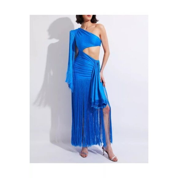 PatBO One Shoulder Fringe Maxi Dress in Cobalt Blue 2 New Womens Long Gown - Picture 14 of 16